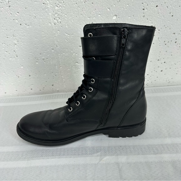 Black Suede Studio size 8 Black Lace Up Buckle Faux Sheep Fur Lined Combat Boot - Picture 6 of 15